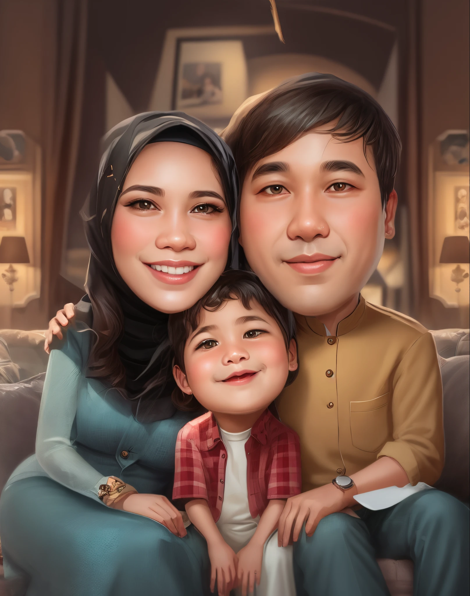 Muslim family portrait of a man, woman and , caricature illustration, an indonesian muslim family portrait, Mother wears a beautiful long hijab, cartoon portrait, caricature style, Mother wears the hijab, cartoon digital painting, happy family, family portrait, digital cartoon painting art, cartoon digital art, portrait of family of three, in cartoon style, husband wife and son, digital art cartoon, potrait, detailed portrait, caricature