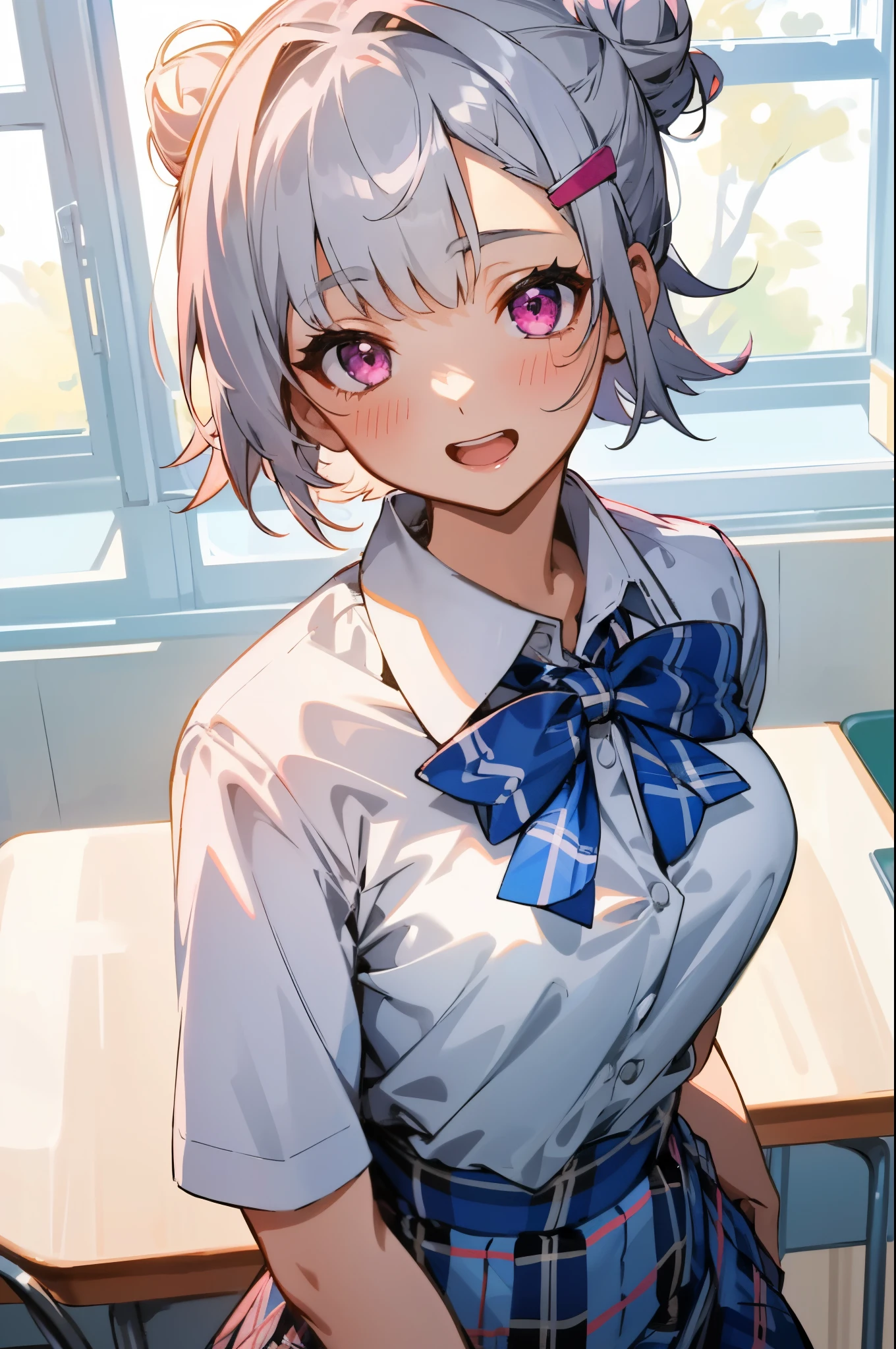masterpiece, top-quality, Short hairstyle with silver hair and bob, Hair tied in a bun with a hair clip, Pink eyes, small tits、White blouse shirt, Tartan checked skirt, The upper part of the body, From above, Look at viewers, A smile, open open mouth, After-school classroom