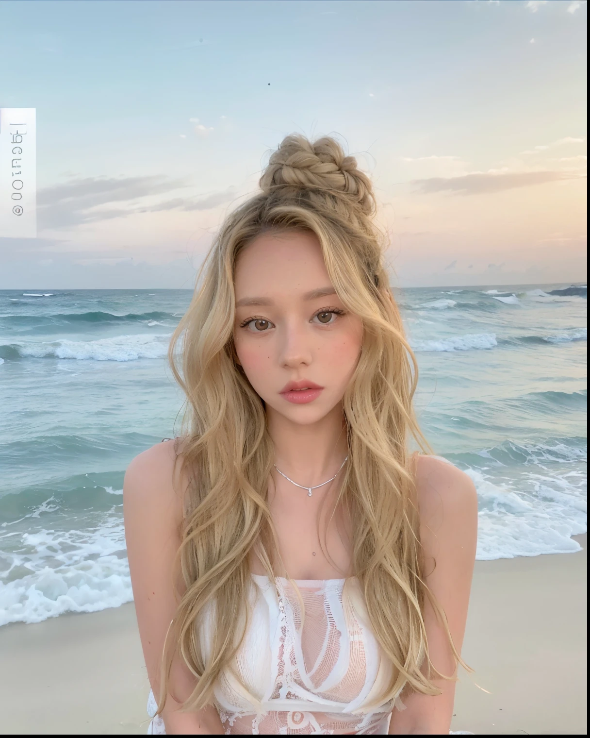 a woman with long blonde hair standing on a beach near the ocean, curly blonde hair | d & d, long curly light blond hair, curls on top, half updo hairstyle, katelynn mini cute style, long curly blonde hair, wavy hair spread out, wavy hairstyle, curls, wavy, wavy hair yellow theme, long fluffy curly blond hair, curly blond
