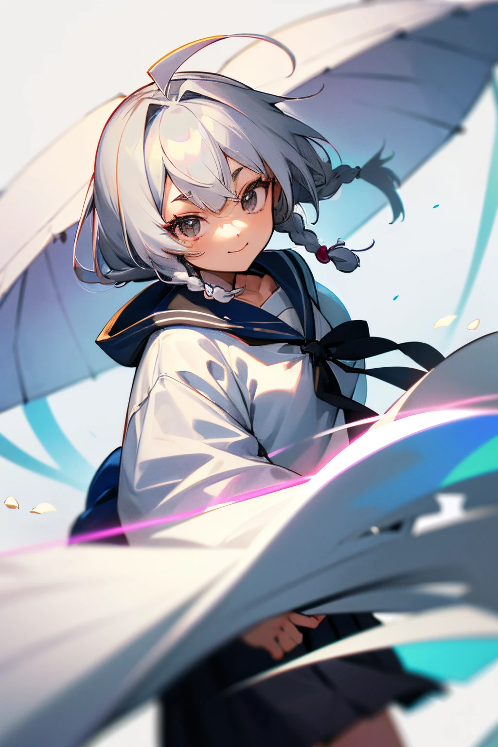sailor hood hoodie, Japanese clothes neck, sailor skirt, grey hair, white hair, bangs, ahoge, colored inner hair, hair between eyes, hair over shoulder, hime cut, side braids, medium hair, eyebrows behind hair, longeyelashes, solid circle eyes, white eyes, smile, anime, anime style, depth of field, image fill, motion lines, zoom layer, three sided view, high quality, masterpiece, ccurate