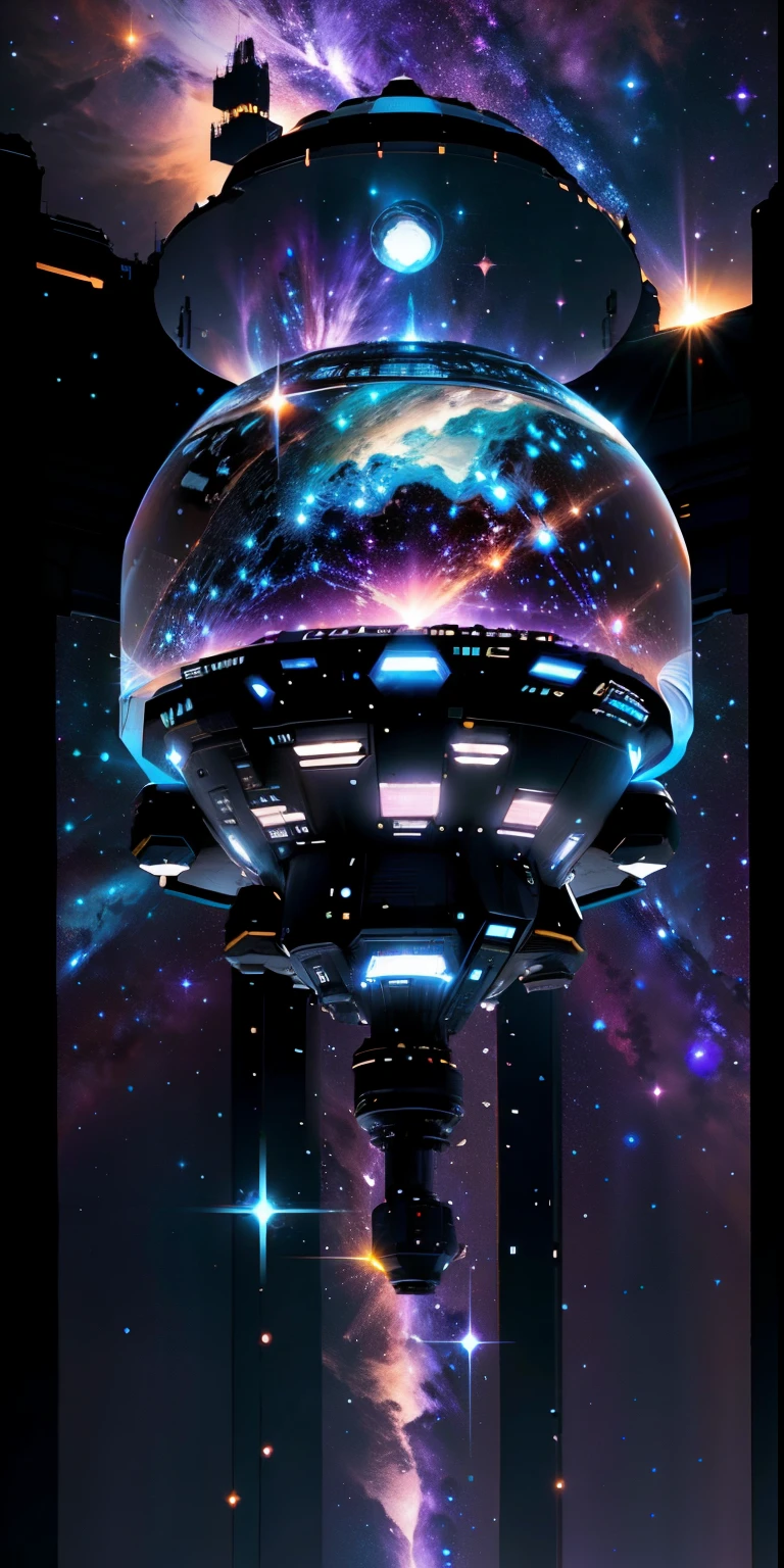 giant interstellar craft, lights shining from windows. large clear dome with view to cosmos, mysteries of space. Medium: Digital Art. Style: "Star Wars' theme, Star Destroyer theme, combined "Guardians of the Galaxy", Lighting: Soft luminescence from windows, darkness background of the universe, cosmos, sparkle particles. Colors: chrome, white space craft, deep blues, violets, shimmering stars Composition: Nikon D850, 70-200mm f/2.8, Resolution 45.7 megapixels, ISO sensitivity: 64, Shutter speed 1/200
