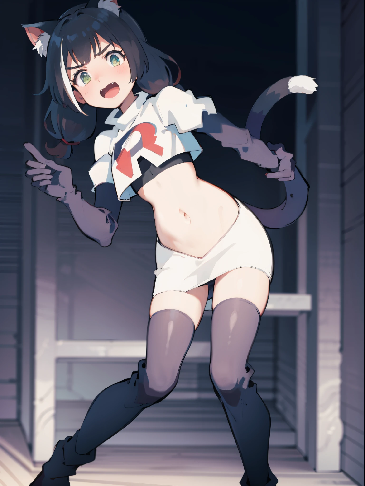 karyl,low twintails, twintails, cat tail,team rocket,team rocket uniform,white skirt,crop top,black thigh-high boots,black elbow gloves,