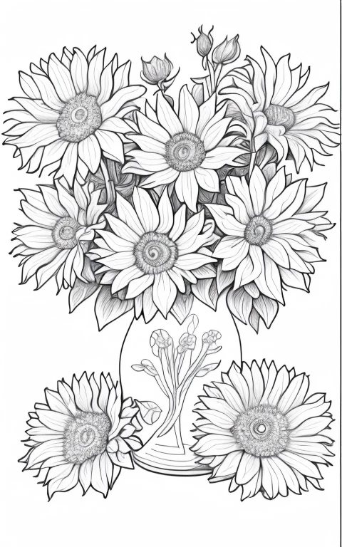a drawing of a vase filled with roses on a table, detailed flowers, flowers with intricate detail, hyper detailed line art, coloring book outline, detailed 4 k drawing, detailed line art, banana plants drawing, extremely hyper-detailed, extremely hyper - detailed, black and white detailed sketch, more and more flowers, with lots of details, extremely hyper detailed, sunflowers, thick outline
