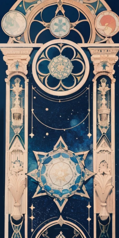 Blank box,Blank card back box, Decorative plates, Abstractionism, Alphonse Mucha (masterpiece, best quality, high resolution: 1.4), detailed, intricate details, 4K, splash of color, line art, Fibonacci, starry sky, night, bait, cloud, reflector, water, magic, (tarot cards),美丽的金色water晶星)) buliding, palace, patterned, Sumeru, cloud, moon