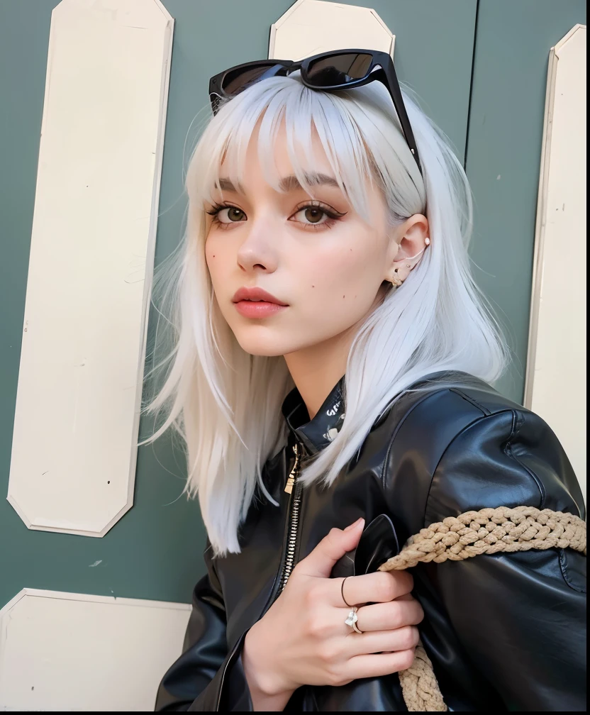mulher loira com uma jaqueta de couro preta e uma bolsa bege, franja branca, longos cabelos brancos e franja, cabelos brancos e fringy, franja branca, cabelo franja branca cabelo, cabelo prateado, cabelo preto e franja branca, cabelos prateados desgrenhados, meninaita de cabelos brancos, menina do carateado, menina com cabelo , pale hair, cabelos desgrenhados prateados, her hair is white