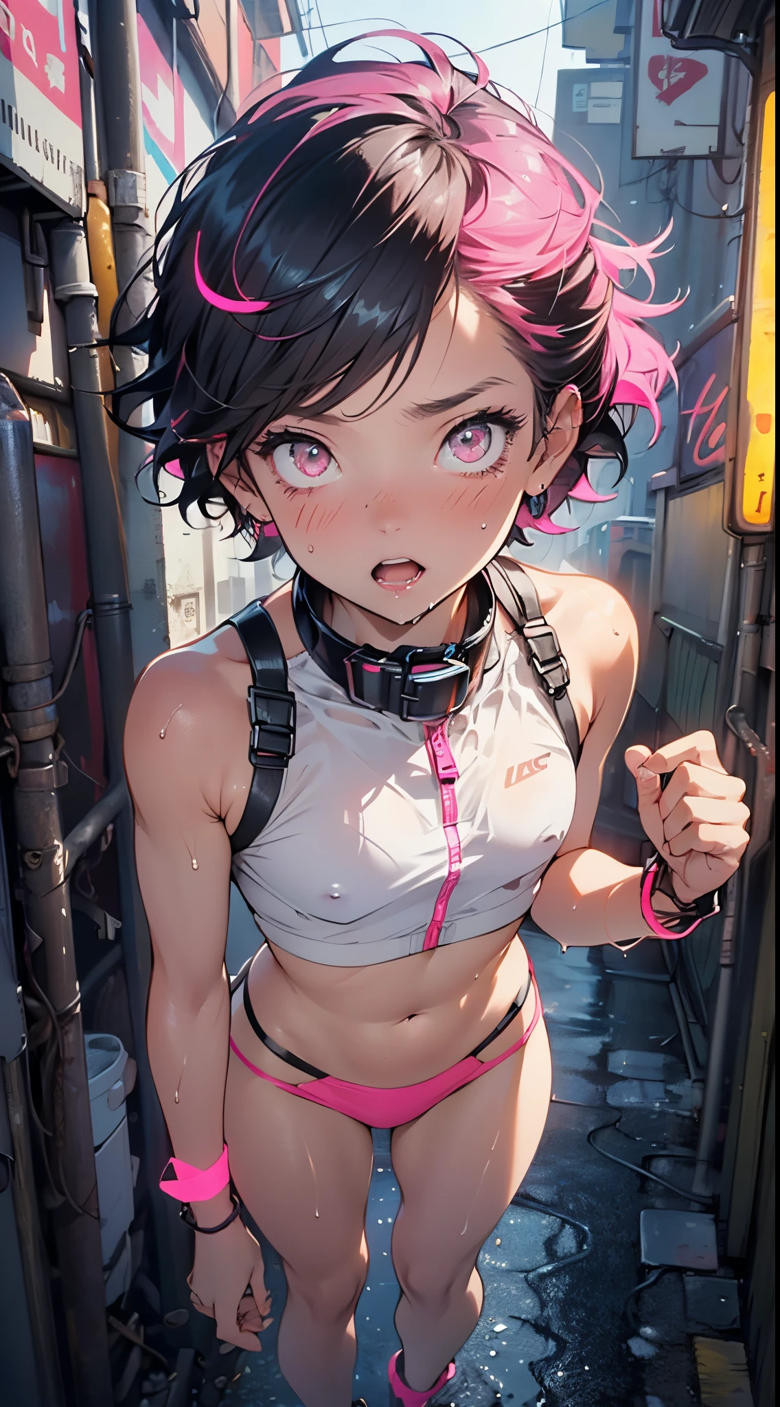(1child:1.3),(1boy:1.5),-yeld,teger,femboy,Libido boy,Female physiognomy,
little boittle boy,boy,d only,child,1b(malender:1))pink hair,short detailed hair,(((neon_pink_eyes:1.3))),intricate eyes,beautiful detailed eyes,symmetrical eyes,big eyes:1.5,child's chest,((kid body,a little chubby,good anatomy,accurate body proportions,detailed shota body for young boy,perfect anatomy))),
serious and thoughtful man,(nsfw),
flat chest,((fat)),(((lustrous skin:1.5,bright skin: 1.5,skin tanned,shiny skin,very shiny skin,shiny body,plastic glitter skin,exaggerated shiny skin,illuminated skin,wet legs))),(detailed body),
collar around his neck,The collar is attached to a thick dog leash,(tiny bulge on pants),Sweatshirt,revealing clothing,show skin,(micro clothes,rave fashion,visible thong straps,accessories LED),((underpants strap)),((wet clothes,intricate outfit,intricate clothes)),
(dynamic pose:1.0),solo focus,(embarrassed,open mouth),(centered,scale to fit dimensions,Rule of thirds),
cyberpunk city by the ocean at night, with bright neon signs and dark stormy clouds and puddles, scenery:1.25,nighttime, starry night, cosmos,Very dark night that makes the neon lights stand out, very bright neon lights,nighttime, starry night, cosmos,
artistic photography,(photography taken by sldr),highres, sharp focus,(ultra detailed, extremely detailed), (photorealistic artwork:1.37),(extremely detailed CG unity 8k wallpaper),((synthwave background theme)),(((vibrant colors))),intricate,(intricate background),(masterpiece),(best quality),perfect rendered face,perfect face details,realistic face,photo realistic,analog style,((intricate detail)),(((realism))),