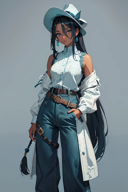 Indigo has dark skin and black hair styled into cornrows with indigo and white dyed streaks. Her head leans slightly upward and her hair is held by teal beads. She lacks eyebrows and has an indigo-colored eyeshadow instead. She wears a dark grey, white-trimmed baseball jersey and a sleeveless deep teal undershirt. She also wears indigo pants equipped with an envelope-shaped pocket and a silver riveted belt. She wears gray sneakers with indigo fronts and teal laces. Atop her head is a black flat fedora with white lace.