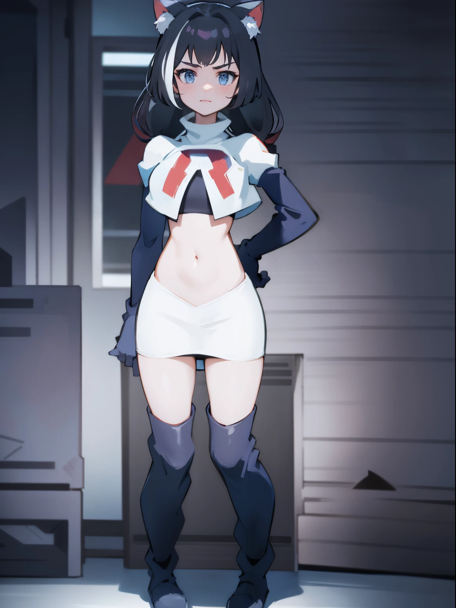 karyl,low twintails, twintails, cat tail,team rocket,team rocket uniform,white skirt,crop top,black thigh-high boots,black elbow gloves,