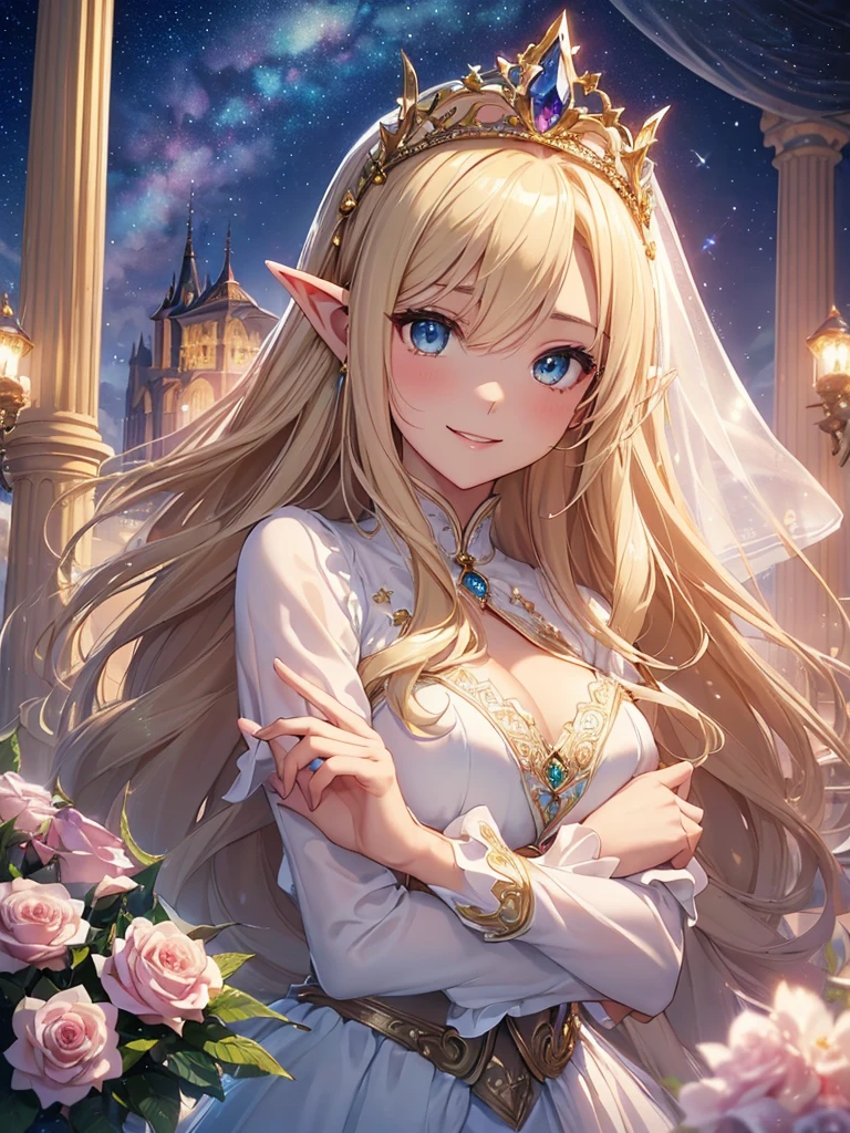 top-quality、Top image quality、​masterpiece、Super beautiful elf beauty((24 year old、Best Bust、big bast、Bust 90,beautiful blue long ironed hair、a blond、A sexy、A slender、a closeup、Esbian、beautiful tiara、hiquality、Beautiful Art、Background with((starrysky)))masutepiece、visualart、depth of field grand palace、luxury christmas cake、happy birthday、Christmas Party、Give the gift of elf ears、、light magic、、harp melody🎵、Happy smile、Gentle light、、、、Number of fingers to achieve precise finger movements、ticker beautiful dress、elegent、Mystical　Rosa、　Marble pillars, beautiful dressy)appreciate！This way、appreciate、Talk to、Friendly atmosphere、Holding a bouquet of roses in the hands of love