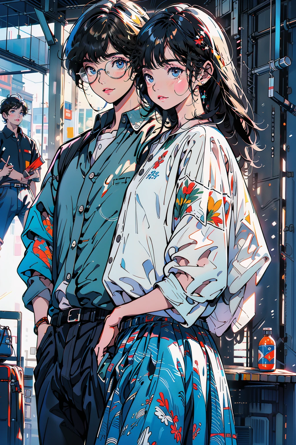 Casais masculinos e femininos　A menina senta-se numa cadeira，Use saias e camisas justas。The boys hugged from behind。Boy in high school pants uniform and mashed potato haircut。without glasses，Women are not dressed