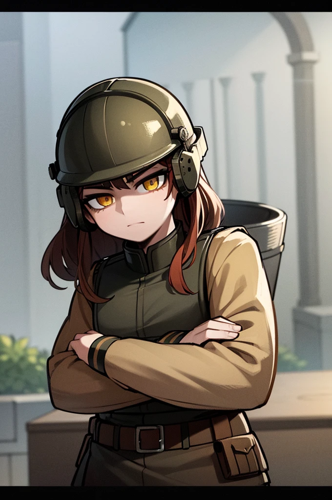 (best quality,4k,8k,highres,masterpiece:1.2), ultra-detailed, realistic:1.37, Male, camo uniform, long brown hair, scars, Soviet helmet, crossed arms, armory background, steel barrels, dusty atmosphere, dim lighting, military, yellow eyes, toned, masculine