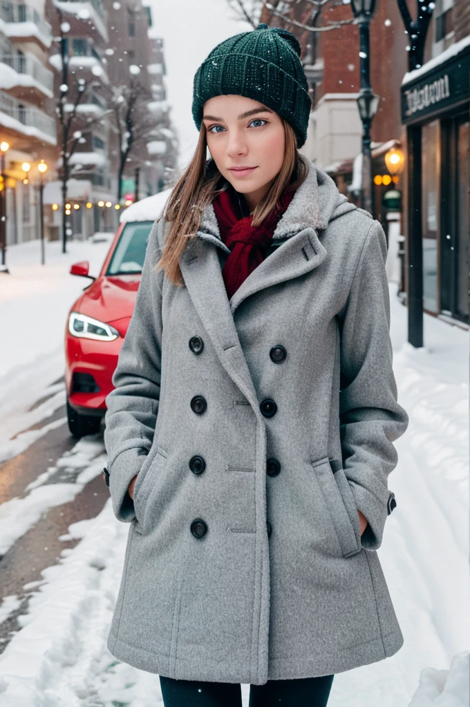 Generate an 8K image of a young woman, approximately 20 years old, dressed in winter clothing covering her entire body. She has green eyes, fair skin, and is standing on a snowy street. She's wearing a gray overcoat and is positioned next to a red convertible car. The street should have falling snow. Please ensure high-quality detailing and realism in the image