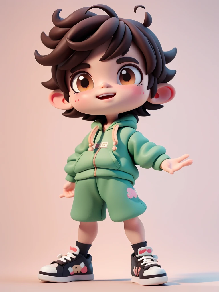 (masterpiece), (bestquality), (ultra-detail), (Full body: 1.2), a boy, chibi, kawaii, smile, opened mouth, dancing, hip hop dance, Jumping Pose, hoodie, Blush, shirt, Short Hair Hair, brunette hair, Blush Stripe Sticker, long sleeve, brunette hair, sneakers, trousers, 3D clay rendering, White background, (beautiful detailed face), (beautiful detail eyes),