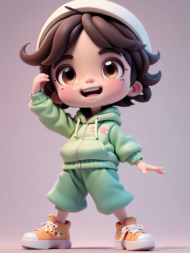 (masterpiece), (bestquality), (ultra-detail), (Full body: 1.2), a boy, chibi, kawaii, smile, opened mouth, dancing, hip hop dance, Jumping Pose, hoodie, Blush, shirt, Short Hair Hair, brunette hair, Blush Stripe Sticker, long sleeve, brunette hair, sneakers, trousers, 3D clay rendering, White background, (beautiful detailed face), (beautiful detail eyes),