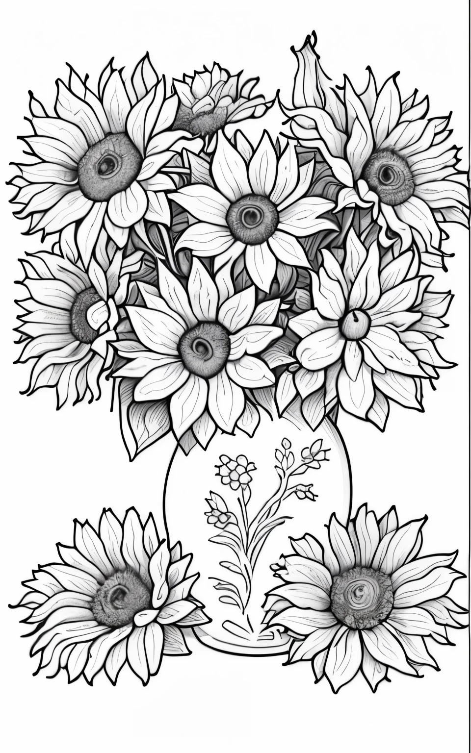 a drawing of a vase filled with roses on a table, detailed flowers, flowers with intricate detail, hyper detailed line art, coloring book outline, detailed 4 k drawing, detailed line art, banana plants drawing, extremely hyper-detailed, extremely hyper - detailed, black and white detailed sketch, more and more flowers, with lots of details, extremely hyper detailed, sunflowers, thick outline