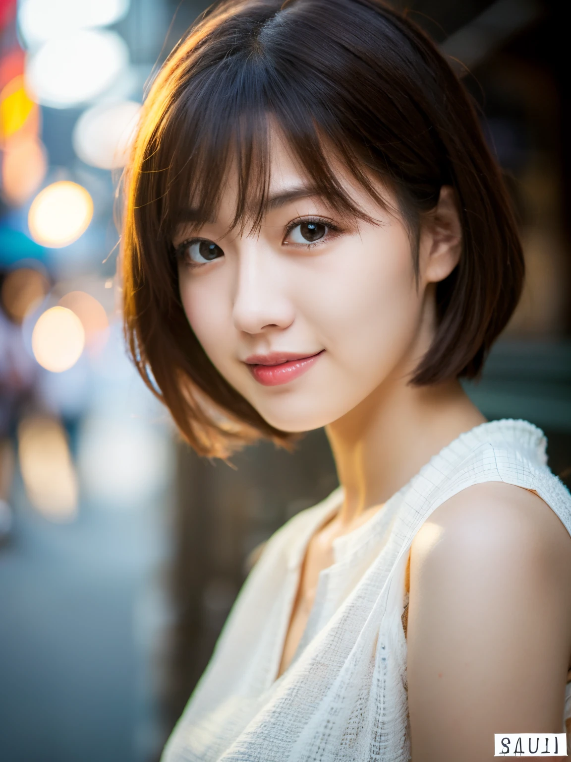 (Mastepiece, highest quality: 1.2), 8K,Dark Eyes, 1 Female, 25 Years Old, (((Female))), Solo, Realistic, Top Quality, Photorealistic, Masterpiece, 8K, High Resolution, Solo, Highly Detailed Face, (Professional Lighting, bokeh), (light particles, lens flare, glowing particles: 0.6), (dynamic pose: 1.2), soft lighting, angle from above, fashionable and trendy atmosphere, Japan, street, Tokyo, city, ( (Daytime)), Sky, ((Viewer looking at: 1)), (Looking at camera), (Portrait: 0.6), Cowboy shot, Gorgeous, Standing, Maintains original facial proportions, Broad shoulders, Full body, (Poor) breastedium hair), brown hair, floating hair, lips, lipstick, seductive smile, floating hair, smile, (sleeveless white blouse), (jumper skirt), eyelashes, waist shot,