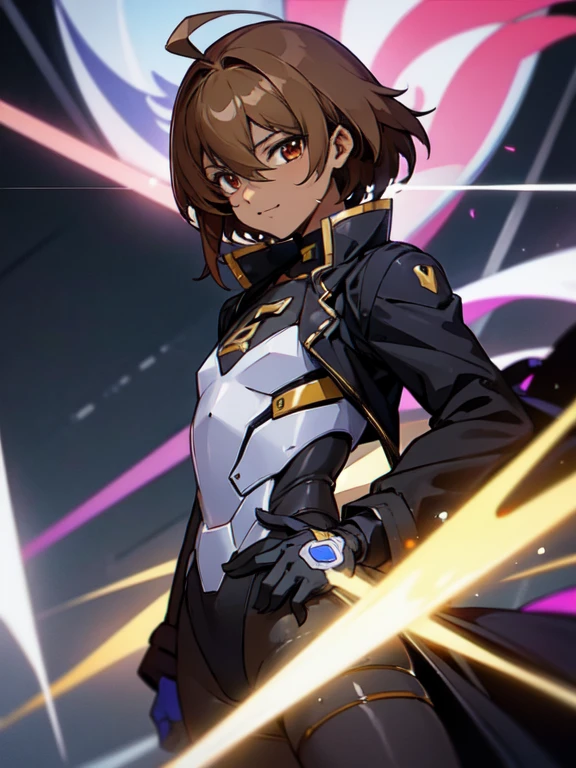 (((Dark skin))), (otokonoko), 1 male, cute, young, (beautiful boy) (short dark brown hair with ahoge)), hazel eye colour, flat chested) wearinagical Girl Lyrical Nanoha StrikerS: Vivio Takamachi long black barrier jacket black armoured bodysuit outfit black exosuit legging black gloves, black trenchcoat, cute smile, close up, golden accents, (honkai impact 3rd)