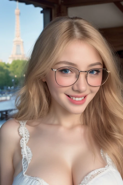 RAW,, Nikon Z 85mm, award-winning glamor photography, ((best quality)), ((masterpiece)), ((realistic)), beautiful russian woman, white lace dress, white skin, glasses,18 years old, (long blonde hair),smile, hazel eyes, perky huge breasts, sitting in the bed, eiffel tower in the background, ((huge breasts)), innocent, intricate details, highly detailed, sharp focus, professional, 4k, divine rays, hand model, stunning blue eyes, small, delicate, innocent, high resolution, detailed facial features, high detail, sharp focus, soft , aesthetic, extremely detailed, photo_\(ultra\), photorealistic, realistic, post-processing, maximum detail, roughness, real life, ultra-realistic, photorealism, photography, 8k uhd, photography, SEMHOUETTE light, russian face