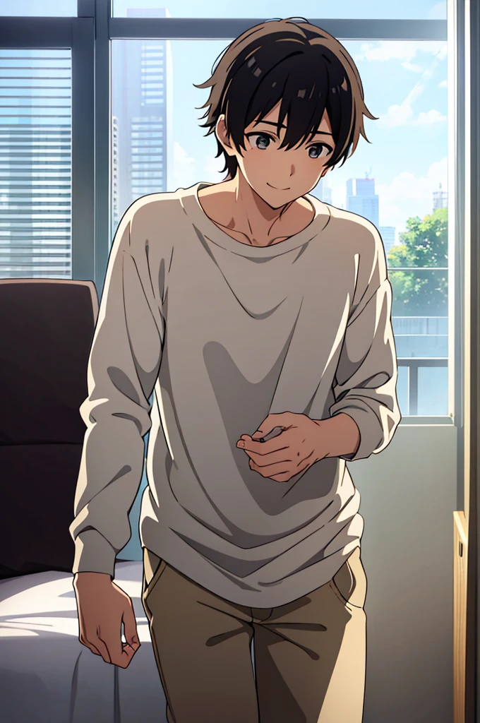 (Daily behavior of boys whose experiences with the same sex are erased:1.02)、1boy,(cool and cute boy),Naive athletic boy、unique natural man、Feeling for friends、Light brown skin, grey eyes, Black hair、eyesight、eyes with vitality、Wear thick clothes、enjoyably、Take it easy、free and、Bright smile、hobbies are important、slim figure、Well-intentioned、fortunate、Strong luck、bad luck、many bad friends、creation、dust particles、 natural soft light、Strongest configuration、 smooth anime cg art、Anime Art、cell anime illustration、creative illustration、Punctuality、{Highly detailed and anatomically correct}、{{{I notice it when I look at my smartphone:0.1}}}