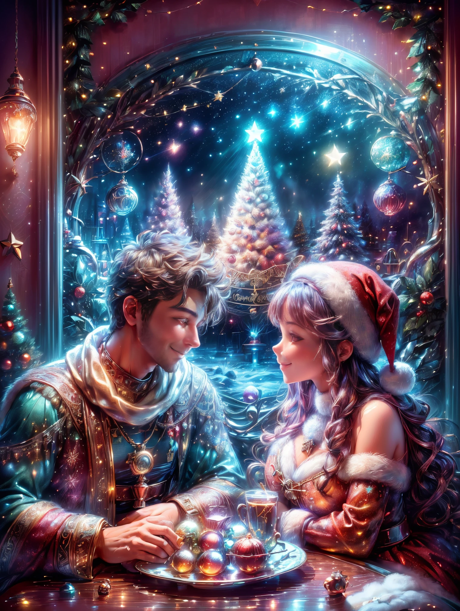 (Best quality, 8K, A high resolution, tmasterpiece:1.2), ultra - detailed, (actual, realistically:1.37), Vibrant colors, Magical atmosphere, Whimsical, ((sky full of stars，The North Star shines))，(((Use an illustration style), The room is decorated with a strong Christmas atmosphere. A string of shining colored lights hangs on the wall, Christmas wreath and little snowman on the windowsill, In the corner of the room stands a beautifully decorated Christmas tree. On a table, There are beautiful cutlery and red plates. In the center of the table, Have a sumptuous Christmas feast, Next to it is a bottle of red wine and two exquisite wine glasses. (((A male and female couple wearing Christmas costumes cuddling together))), Smiling and looking at each other，Eyes full of happiness and warmth. There are several scented candles lit in the room, It exudes a faint fragrance. Warm fire burning in the fireplace, Brings warmth and comfort to the entire room, Surreal, Psychedelic, Complicated details, Beautiful texture, Ethereal, like a dream, Soft glowing light, Charming Patterns, Fantasy creatures, Hidden surprises, dreamlike landscapes, Surreal color palette, Mystic aura, hyper realisitc, Enchanting journey, psychedelic trip, vivid imagination, immersive experience, Mysterious Christmas, otherworldly charm, glowing paths, Light up a magical Christmas, surreal sky, Whimsical themed festivals, a magical encounter, Fascinating artwork，(Ghibli-style colors, first person perspective, hyper HD, tmasterpiece, acurate, Anatomically correct, ctextured skin, super detailing, high detal, high qulity, Award-Awarded, Best quality at best, 8K)