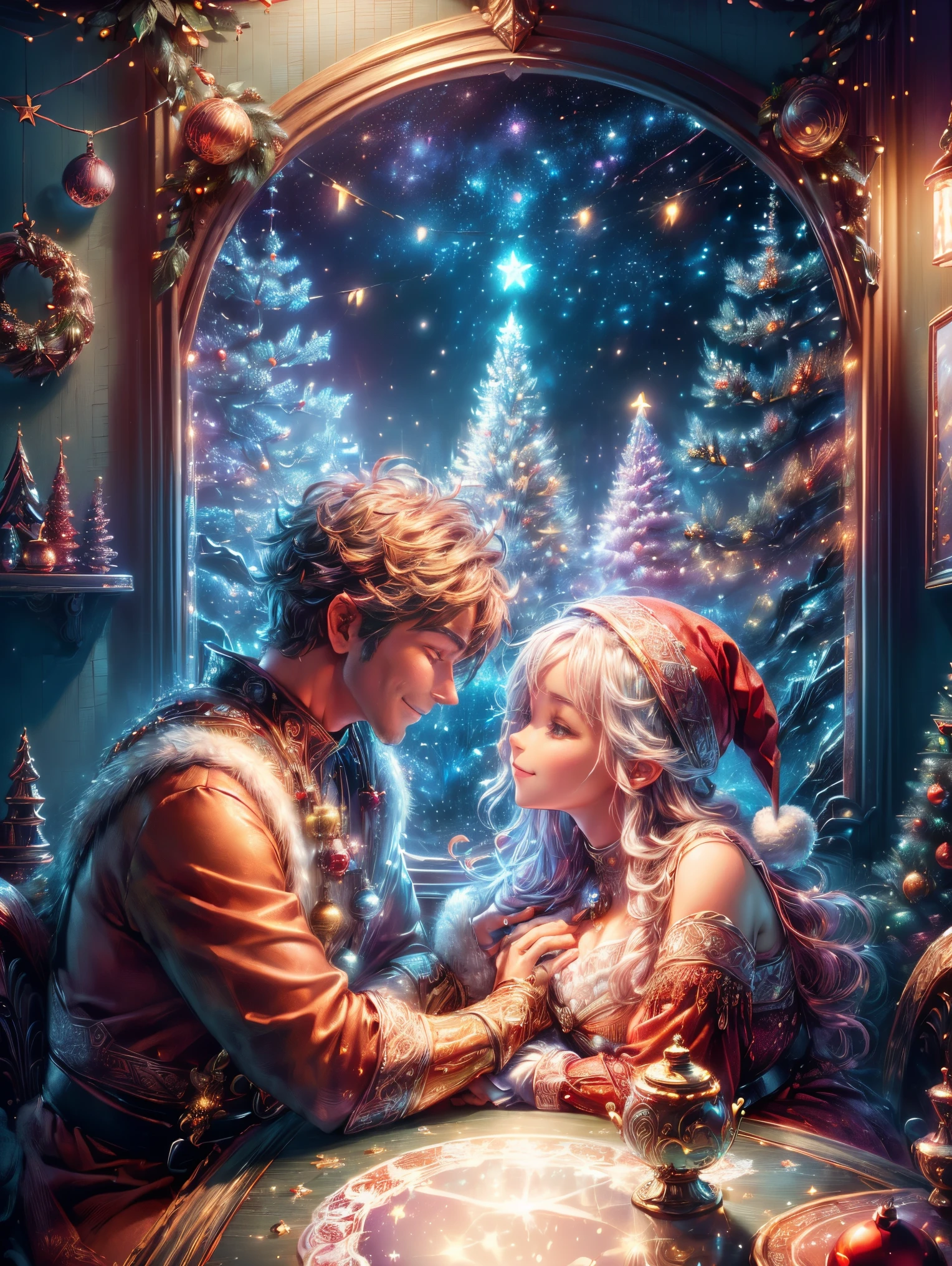 (Best quality, 8K, A high resolution, tmasterpiece:1.2), ultra - detailed, (actual, realistically:1.37), Vibrant colors, Magical atmosphere, Whimsical, ((sky full of stars，The North Star shines))，(((Use an illustration style), The room is decorated with a strong Christmas atmosphere. A string of shining colored lights hangs on the wall, Christmas wreath and little snowman on the windowsill, In the corner of the room stands a beautifully decorated Christmas tree. On a table, There are beautiful cutlery and red plates. In the center of the table, Have a sumptuous Christmas feast, Next to it is a bottle of red wine and two exquisite wine glasses. (((A male and female couple wearing Christmas costumes cuddling together))), Smiling and looking at each other，Eyes full of happiness and warmth. There are several scented candles lit in the room, It exudes a faint fragrance. Warm fire burning in the fireplace, Brings warmth and comfort to the entire room, Surreal, Psychedelic, Complicated details, Beautiful texture, Ethereal, like a dream, Soft glowing light, Charming Patterns, Fantasy creatures, Hidden surprises, dreamlike landscapes, Surreal color palette, Mystic aura, hyper realisitc, Enchanting journey, psychedelic trip, vivid imagination, immersive experience, Mysterious Christmas, otherworldly charm, glowing paths, Light up a magical Christmas, surreal sky, Whimsical themed festivals, a magical encounter, Fascinating artwork，(Ghibli-style colors, first person perspective, hyper HD, tmasterpiece, acurate, Anatomically correct, ctextured skin, super detailing, high detal, high qulity, Award-Awarded, Best quality at best, 8K)