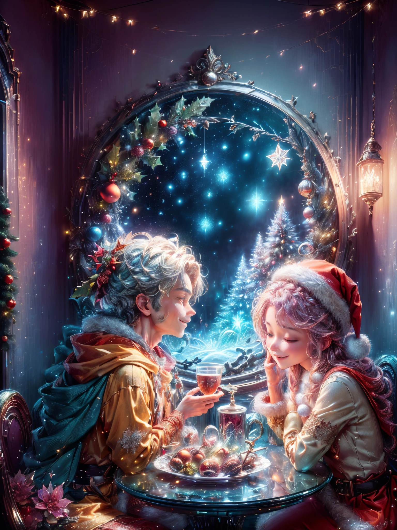 (Best quality, 8K, A high resolution, tmasterpiece:1.2), ultra - detailed, (actual, realistically:1.37), Vibrant colors, Magical atmosphere, Whimsical, ((sky full of stars，The North Star shines))，(((Use an illustration style), The room is decorated with a strong Christmas atmosphere. A string of shining colored lights hangs on the wall, Christmas wreath and little snowman on the windowsill, In the corner of the room stands a beautifully decorated Christmas tree. On a table, There are beautiful cutlery and red plates. In the center of the table, Have a sumptuous Christmas feast, Next to it is a bottle of red wine and two exquisite wine glasses. (((A male and female couple wearing Christmas costumes cuddling together))), Smiling and looking at each other，Eyes full of happiness and warmth. There are several scented candles lit in the room, It exudes a faint fragrance. Warm fire burning in the fireplace, Brings warmth and comfort to the entire room, Surreal, Psychedelic, Complicated details, Beautiful texture, Ethereal, like a dream, Soft glowing light, Charming Patterns, Fantasy creatures, Hidden surprises, dreamlike landscapes, Surreal color palette, Mystic aura, hyper realisitc, Enchanting journey, psychedelic trip, vivid imagination, immersive experience, Mysterious Christmas, otherworldly charm, glowing paths, Light up a magical Christmas, surreal sky, Whimsical themed festivals, a magical encounter, Fascinating artwork，(Ghibli-style colors, first person perspective, hyper HD, tmasterpiece, acurate, Anatomically correct, ctextured skin, super detailing, high detal, high qulity, Award-Awarded, Best quality at best, 8K)