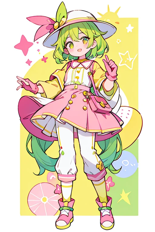 Sprinks has green hair and wears rainbow sprinkles makeup on her whole body. She wears a yellow hat with a sun symbol and pink trim, a pink shirt with cotton buttons and a yellow collar, and yellow gloves. She also wears pink pants, a long white skirt with sprinkles at its base, and green and white shoes with red laces and soles