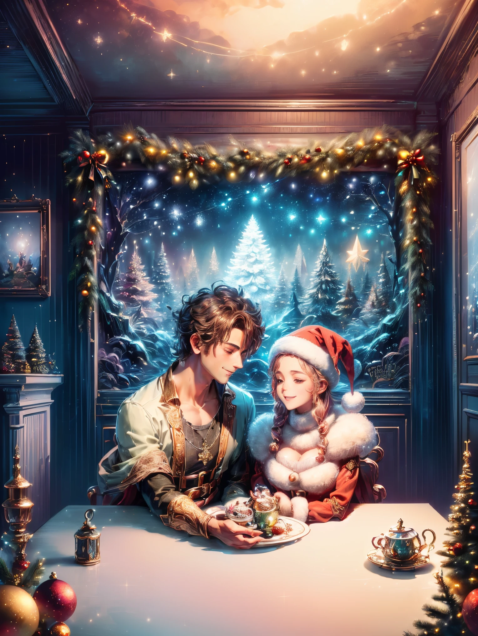 (Best quality, 8K, A high resolution, tmasterpiece:1.2), ultra - detailed, (actual, realistically:1.37), Vibrant colors, Magical atmosphere, Whimsical, ((sky full of stars，The North Star shines))，(((Use an illustration style), The room is decorated with a strong Christmas atmosphere. A string of shining colored lights hangs on the wall, Christmas wreath and little snowman on the windowsill, In the corner of the room stands a beautifully decorated Christmas tree. On a table, There are beautiful cutlery and red plates. In the center of the table, Have a sumptuous Christmas feast, Next to it is a bottle of red wine and two exquisite wine glasses. (((A male and female couple wearing Christmas costumes cuddling together))), Smiling and looking at each other，Eyes full of happiness and warmth. There are several scented candles lit in the room, It exudes a faint fragrance. Warm fire burning in the fireplace, Brings warmth and comfort to the entire room, Surreal, Psychedelic, Complicated details, Beautiful texture, Ethereal, like a dream, Soft glowing light, Charming Patterns, Fantasy creatures, Hidden surprises, dreamlike landscapes, Surreal color palette, Mystic aura, hyper realisitc, Enchanting journey, psychedelic trip, vivid imagination, immersive experience, Mysterious Christmas, otherworldly charm, glowing paths, Light up a magical Christmas, surreal sky, Whimsical themed festivals, a magical encounter, Fascinating artwork，(Ghibli-style colors, first person perspective, hyper HD, tmasterpiece, acurate, Anatomically correct, ctextured skin, super detailing, high detal, high qulity, Award-Awarded, Best quality at best, 8K)