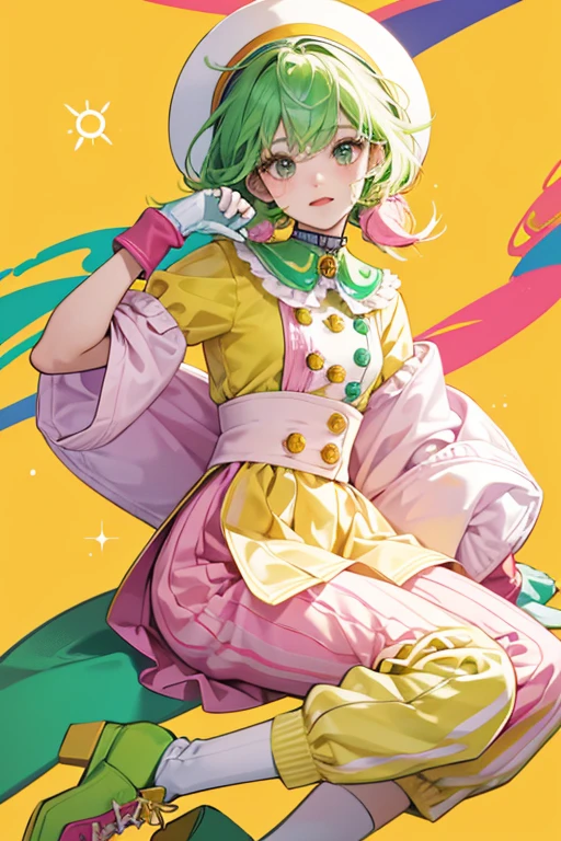 Sprinks has green hair and wears rainbow sprinkles makeup on her whole body. She wears a yellow hat with a sun symbol and pink trim, a pink shirt with cotton buttons and a yellow collar, and yellow gloves. She also wears pink pants, a long white skirt with sprinkles at its base, and green and white shoes with red laces and soles
