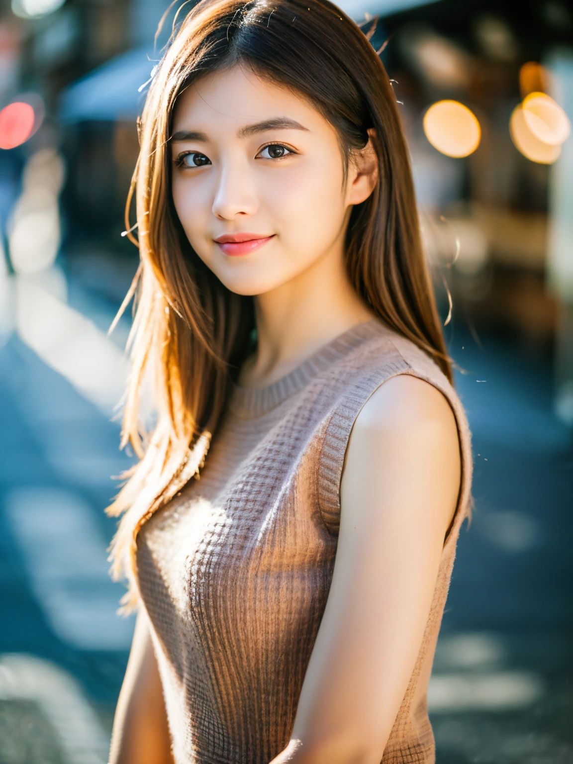 (Masterpiece, Best Quality: 1.2), 8K, Dark Eyes, 1 Female, 25 Years Old, (((Female))), Solo, Realistic, Best Quality, Photorealistic, Masterpiece, 8K, High Resolution, Solo, Very Detailed face, (Professional lighting, Bokeh), (Light particles, Lens flare, Glowing particles: 0.6), (Dynamic pose: 1.2), Soft lighting, Angle from above, Fashionable and trendy atmosphere, Japan, Street, Tokyo, City, ((Daytime)), Sky, ((Viewer looking at: 1)), (Looking at camera), (Portrait: 0.6), Cowboy shot, Gorgeous, Standing, Original facial proportions Keep wide shoulders, whole body, (bad) chest hair), brown hair, floating hair, lips, lipstick, seductive smile, floating hair, smile, (sleeveless white blouse), (jumper short skirt), eyelashes, waist shot ,