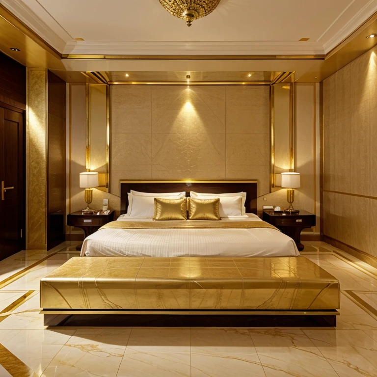 Suite, spacious, luxurious hotel room, levitating bed, gold walls, marble floors, realistic