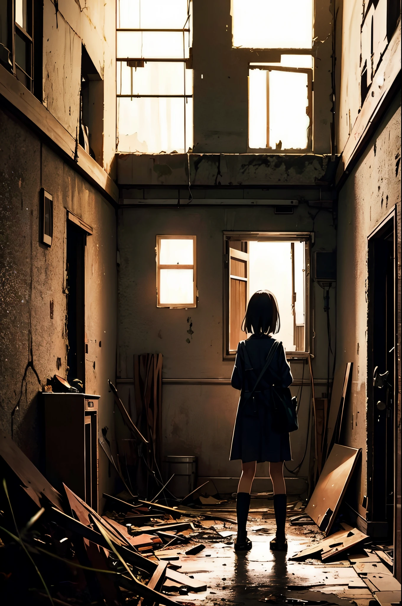 A girl exploring an abandoned hospital、Scared、Overall dark、flash lights