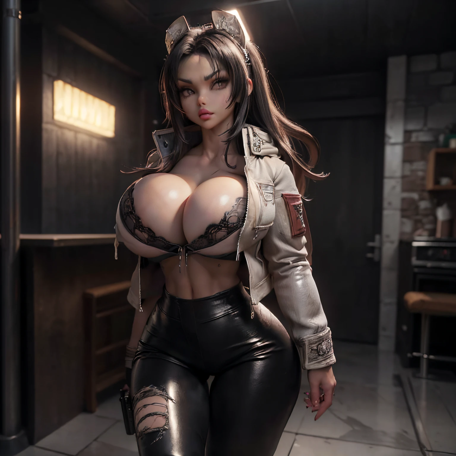 Apocalyptic wastelands, Foto colorida RAW de alto detalhe, tiro completo, ultra detalhado, Beautiful woman walking towards the camera with a rifle held in her hand and casually leaning on her shoulder, Wearing Sexy Wasteland Survival Gear, (jaqueta aberta, Camisa desabotoada, no-bra, clivagem, seios perfeitos, mamilo perky, exposed areola:1.8), toned physique, Low Ride Leather Pants, Corpo Perfeito, corpo inteiro, looking at the viewer with expression, , intimate, Long, flowing black hair, suado, (guard dog walking beside her:1.4), Destroyed vehicles in the background with smoke rising