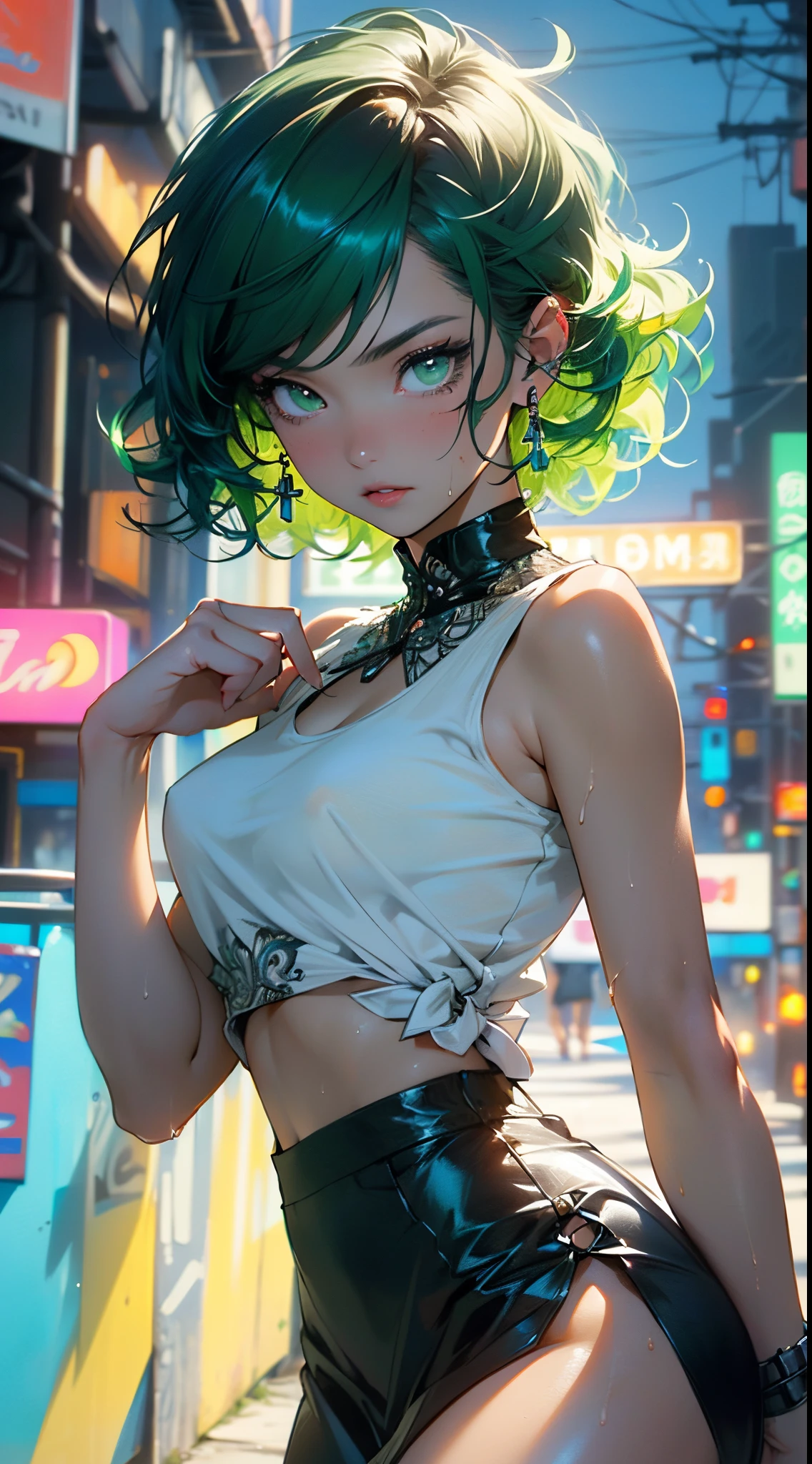 girl youtuber,(((1girl))),((extremely cute and beautiful green curly-haired girl)),
(short breasts:1.4),big butt,(((green curly hair:1.35,very curly hair,colored inner hair,ear breathing,short hair))),(((green_eyes:1.3))),intricate eyes,beautiful detailed eyes,symmetrical eyes,big eyes:1.3,((fat)),(((lustrous skin:1.5,bright skin: 1.5,skin tanned,shiny skin,very shiny skin,shiny body,plastic glitter skin,exaggerated shiny skin,illuminated skin,wet legs))),detailed body,(detailed face),
cute,slutty,seductive,erotic,(((nsfw))),
zettai ryouiki,revealing clothing,show skin,((rave mini-skirt,visible thong straps,white loose tank top with an anime art print)),((wet clothes,intricate outfit,intricate clothes)),
(dynamic pose:1.0),embarrassed,(centered,scale to fit dimensions,Rule of thirds),
cyberpunk city by the ocean at night, with bright neon signs and dark stormy clouds and puddles, scenery:1.25,nighttime, starry night, cosmos,Very dark night that makes the neon lights stand out, very bright neon lights,nighttime, starry night, cosmos,
artistic photography,(photography taken by sldr),highres, sharp focus,(ultra detailed, extremely detailed), (photorealistic artwork:1.37),(extremely detailed CG unity 8k wallpaper),((synthwave background theme)),(((vibrant colors))),intricate,(intricate background),(masterpiece),(best quality),perfect rendered face,perfect face details,realistic face,photo realistic,analog style,((intricate detail)),(((realism))),