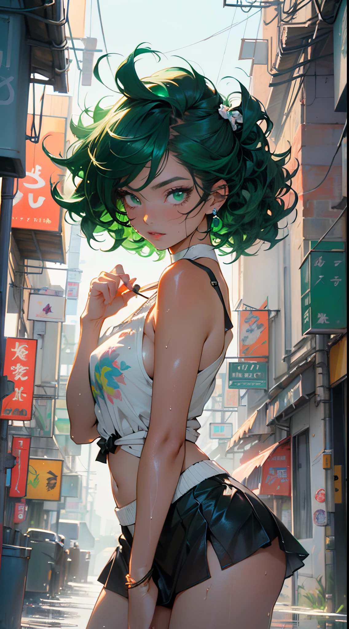 girl youtuber,(((1girl))),((extremely cute and beautiful green curly-haired girl)),

(short breasts:1.4),big butt,(((green curly hair:1.35,very curly hair,colored inner hair,ear breathing,short hair))),(((green_eyes:1.3))),intricate eyes,beautiful detailed eyes,symmetrical eyes,big eyes:1.3,((fat)),(((lustrous skin:1.5,bright skin: 1.5,skin tanned,shiny skin,very shiny skin,shiny body,plastic glitter skin,exaggerated shiny skin,illuminated skin,wet legs))),detailed body,(detailed face),

cute,slutty,seductive,erotic,(((nsfw))),

zettai ryouiki,revealing clothing,show skin,((rave mini-skirt,visible thong straps,white loose tank top with an anime art print)),((wet clothes,intricate outfit,intricate clothes)),

(dynamic pose:1.0),embarrassed,(centered,scale to fit dimensions,Rule of thirds),

cyberpunk city by the ocean at night, with bright neon signs and dark stormy clouds and puddles, scenery:1.25,nighttime, starry night, cosmos,Very dark night that makes the neon lights stand out, very bright neon lights,nighttime, starry night, cosmos,

artistic photography,(photography taken by sldr),highres, sharp focus,(ultra detailed, extremely detailed), (photorealistic artwork:1.37),(extremely detailed CG unity 8k wallpaper),((synthwave background theme)),(((vibrant colors))),intricate,(intricate background),(masterpiece),(best quality),perfect rendered face,perfect face details,realistic face,photo realistic,analog style,((intricate detail)),(((realism))),