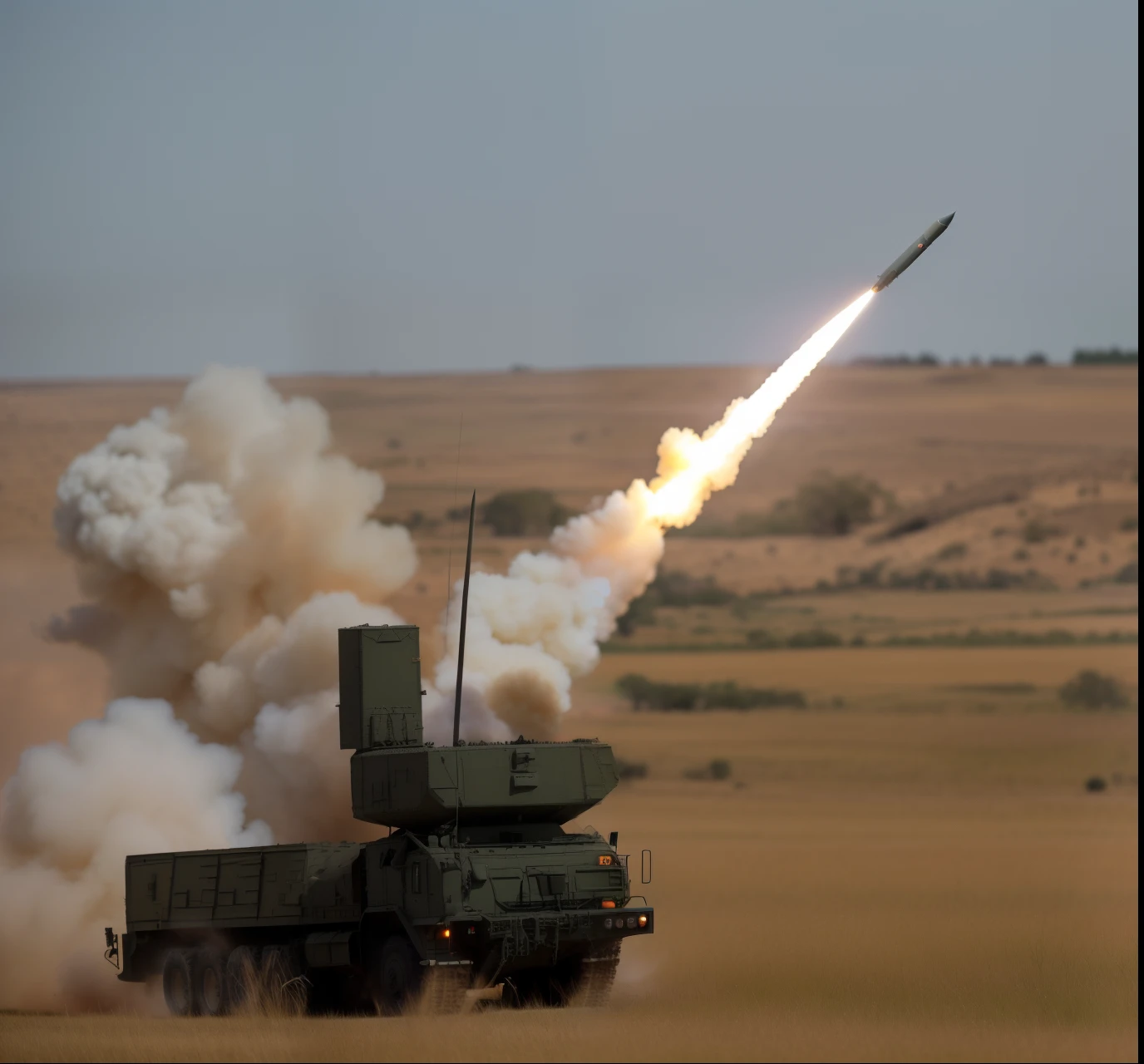 Hyper realistic 8k, ultra detailed, (Best Quality digital illustration Masterpiece of  araf truck with a missile on it is in a field, himars with missile, himars, armor piercing missiles, missiles, cruise missile strikes, launch tracking missiles, artillery, missiles explosions in the sky, rocket launchers, under artillery fire, artillery blast, heavy weapons fire, rocket launcher, artillery explosions, 8 5 mm shot, rocket launching