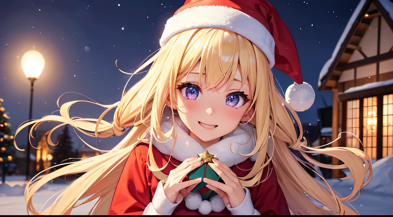 Two-side up hairstyle, cute Santa Claus costume, emphasized chest, beautiful purple eyes that shine like stars, blonde hair, very detailed and very beautiful big smiley face, shy face, blushing cheeks, white breath , Christmas present, present, ;D, sparkling pupils, beautifully detailed hair, solo, ultra-fine illustration, holy night, white Christmas, full moon, snow, snowy night, full moon, Christmas tree, magical illumination church background