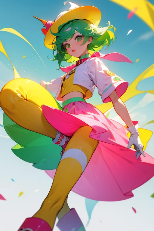 Sprinks has green hair and wears rainbow sprinkles makeup on her whole body. She wears a yellow hat with a sun symbol and pink trim, a pink shirt with cotton buttons and a yellow collar, and yellow gloves. She also wears pink pants, a long white skirt with sprinkles at its base, and green and white shoes with red laces and soles
