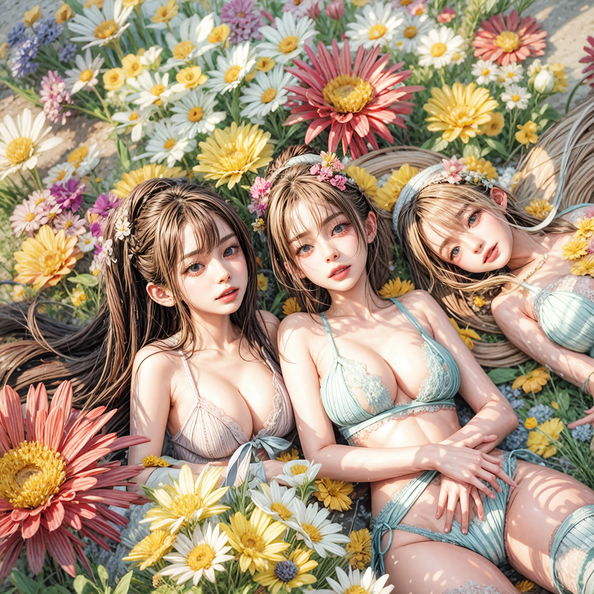 (White and vivid colors, Acutance, Exposed:1.2, nipple:-0.9), (9 sexy junior idols in group photograph), ((face variations, Hair variations)), { Navel | pretty Ass | (Delicate lace knitted wear) | full of Flowers }, (portrayed in the best quality and high resolution. The image should be ultra-detailed, realistic, and photorealistic with a touch of rawness). { under the mesmerizing back lighting | concept art | enhancing the overall visual impact }. Whole Body proportions and all limbs are anatomically accurate .