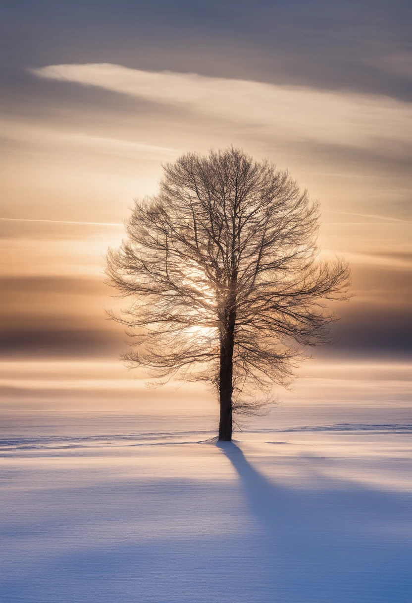 at winter season，Oyuki，snow landscape，The tree，（（（Rime））），the setting sun，thin fog，Dingdall effect，super-fine，tmasterpiece，8K，depth of fields，ultra - detailed，Meticulous portrayal，Ultra photo realsisim，Hyper-realistic