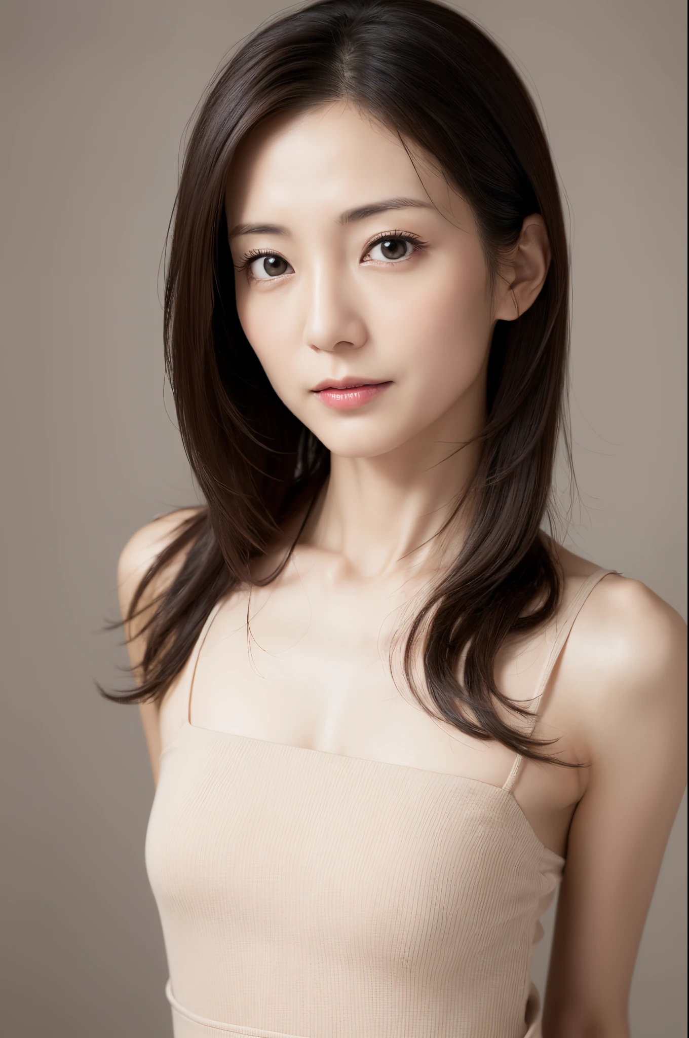 (High reality photograph, high resolusion, detailed face, detailed eyes) Skinny Japanese lady, 40 years old, wife, cute face, various face expression, solo:1, lovely body, skinny figure, medium breasts, various hair style, thin dress, emphasizing very thin waist, photo studio, alone in a photo