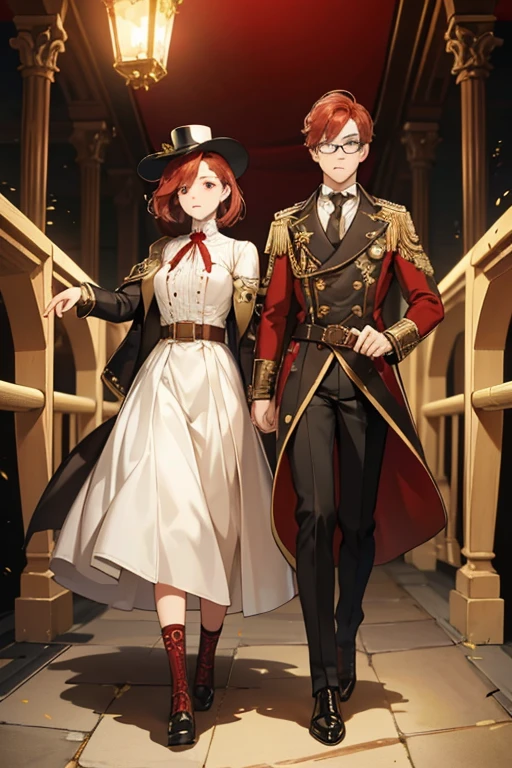 Skyler has light skin and short red hair. She wears steampunk style clothing, resembling an off-white dress with a dark red tie held by a gold buckle worn with a brown and black-striped bodice held by a red belt with a gold buckle, light-rimmed golden eyeglasses, a classic-style black hat with a white ribbon, brown cuffs with gold buckles, and black shoes with dark red laces and brown soles.