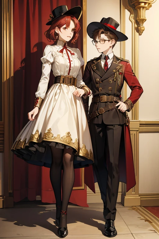 Skyler has light skin and short red hair. She wears steampunk style clothing, resembling an off-white dress with a dark red tie held by a gold buckle worn with a brown and black-striped bodice held by a red belt with a gold buckle, light-rimmed golden eyeglasses, a classic-style black hat with a white ribbon, brown cuffs with gold buckles, and black shoes with dark red laces and brown soles.