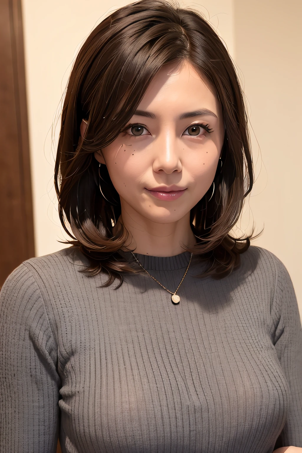(in 8K、top-quality、​masterpiece:1.2)、(realisitic、Photorealsitic:1.37)、ultra-detailliert、Natural sunlight、Medium size breasts、I can see the cleavage、Female 1、32-year-old woman、Dark hair、Long wavy hair, Pendants、Knitwear with body line、Knitted dresses、sleeveless shirts、White wall background、extremely detailed face and skin、A detailed eye、extremely detailed face and skin