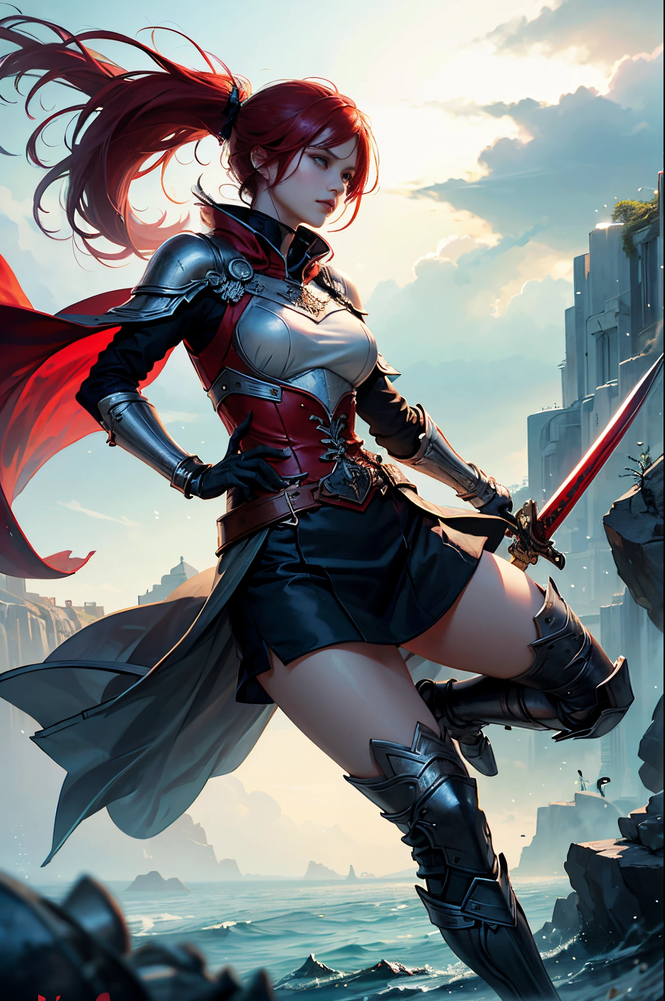 Red-haired arafe woman in red armor holding a sword in the wilderness, very detailed Artgerm, by Yang J, ruan jia and artgerm, artgerm and ruan jia, Style ArtGerm, ig model | ArtGerm, aly fell and artgerm, style of artgerm, by ruan jia and stanley artgerm, Best Quality, Perfect Angle, perfect-composition, Supermodel body type, extremely detailed and beautiful eyes, lone female swordsman, Battle-hardened mercenary, Official Art