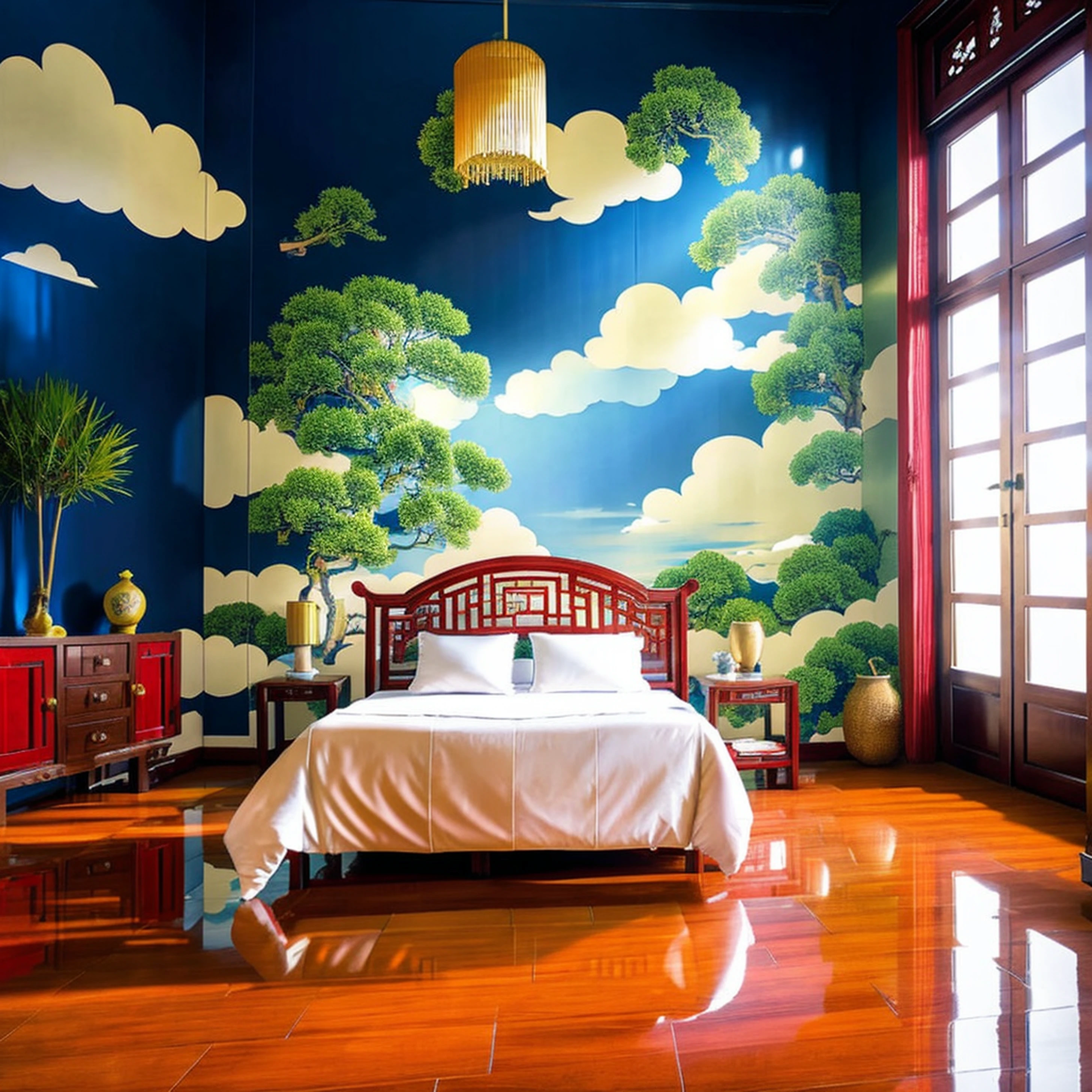 (Chinese interior, , realistic documentary photography, showing history,)bedroom, front of perspective, fan detail, jun porcelain hand fan, parquet floor, calm elegance, auspicious cloud mural,