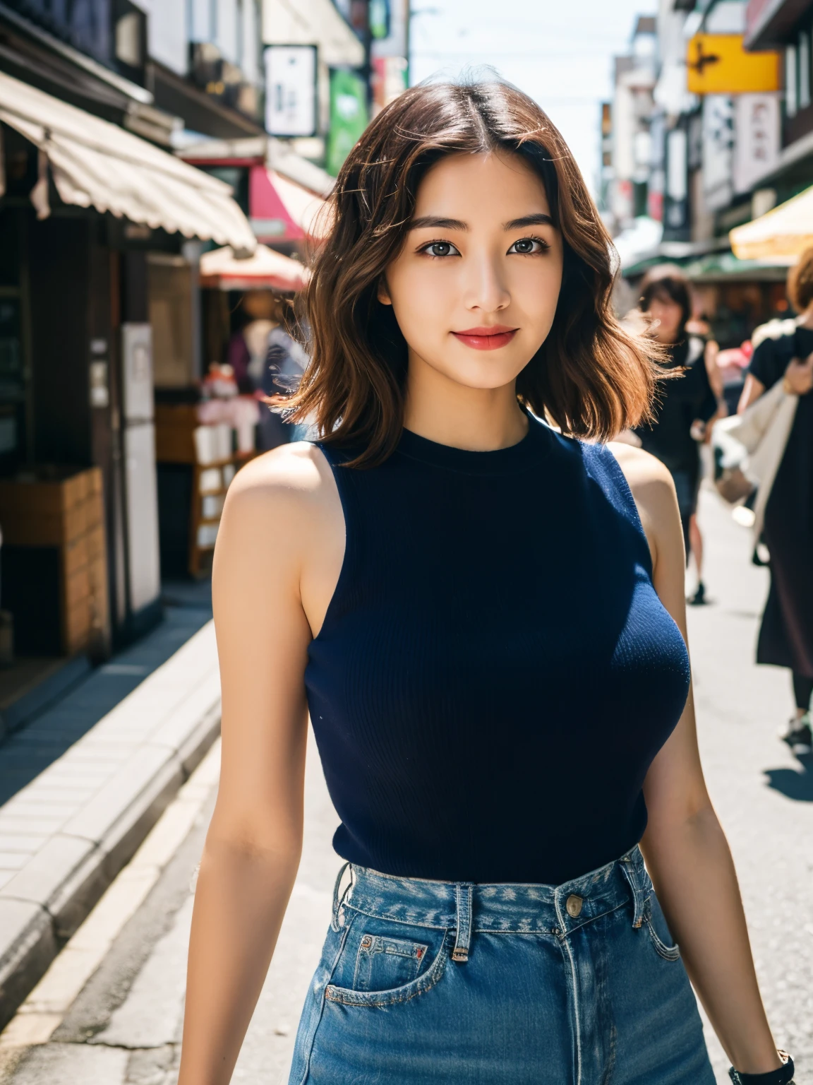 (Mastepiece, highest quality: 1.2), 8K,Dark Eyes, 1 Female, 25 Years Old, (((Female))), Solo, Realistic, Top Quality, Photorealistic, Masterpiece, 8K, High Resolution, Solo, Highly Detailed Face, (Professional Lighting, bokeh), (light particles, lens flare, glowing particles: 0.6), (dynamic pose: 1.2), soft lighting, angle from above, fashionable and trendy atmosphere, Japan, street, Tokyo, city, ( (Daytime)), Sky, ((Viewer looking at: 1)), (Looking at camera), (Portrait: 0.6), Cowboy shot, Gorgeous, Standing, Maintains original facial proportions, Broad shoulders, Full body, (Poor) breastedium hair), brown hair, floating hair, lips, lipstick, seductive smile, floating hair, smile, (sleeveless white blouse), (jumper skirt), eyelashes, waist shot,