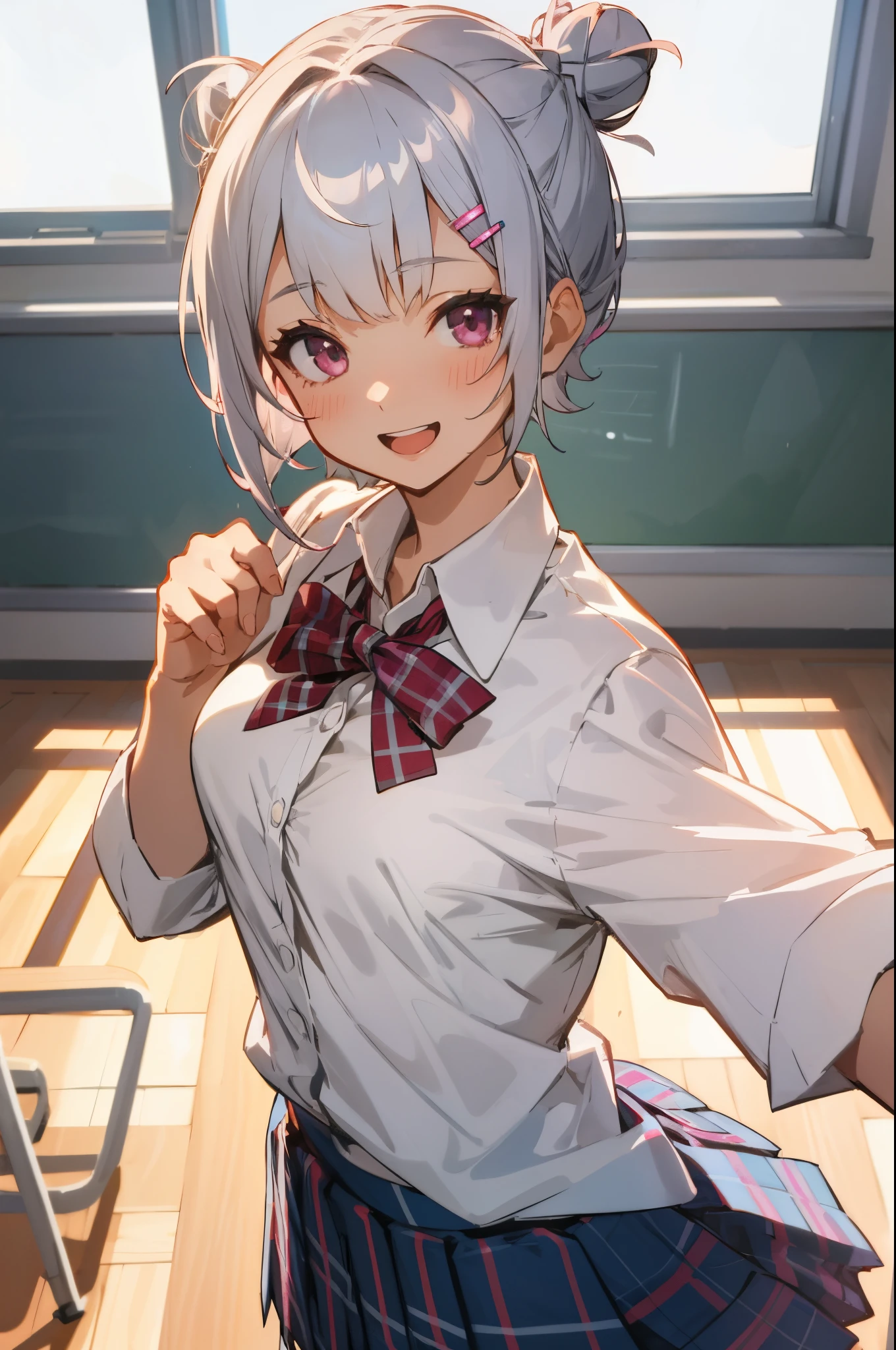 ((1 girl:1.5))、(smile:1.5)、(blush)、shirt、blouse、((fun!!))、chiralism、(small breasts)、(silver hair)、(dog ears)、(eye highlights:1.3)、Blake Black Footwear,(黒いskirt)、bow, button, 襟の付いたshirt, long sleeve, ((red bow tie, , black jacket, open jacket, (white cardigan:1.5), 白のshirt, 黒のskirt, チェック柄のskirt、white socks)),, shirtを,, skirt, socks, thighs, 白い shirt, Rest indoors, ((classroom:1.5))、 BREAK While watching the audience、(skirtを掴む:1.5)、 (perfect hands, perfect anatomy),cowboy shot、(skirt lift:1.3), (Pull Panties)、((shaved pussy:1.5))、(skirt that rolls up:1.3)、(Highly detailed labia fully exposed:1.5)、(Photo seen from below:1.5)、light blue eyes、long hair、(raise one leg:1.5)