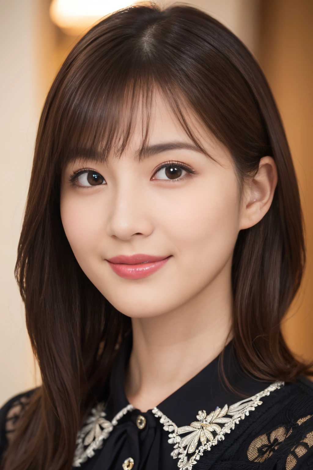 (Raw photography), (Photorealsitic), (masterpiece), (top-quality), hight resolution, 8K分辨率, (intricate detailes), (volumatic light), portlate, femele, 40 years, Middle hair, straight haired, Layered hair, brown haired, extremely detailed eye, Sauce order, Highly detailed eyebrows, highlydetailed skin, highly detail mouth, highly detailed nose, cute like an idol, Happy smile, ((thick lips)), ((Look at viewers)), (Classy blouse)
