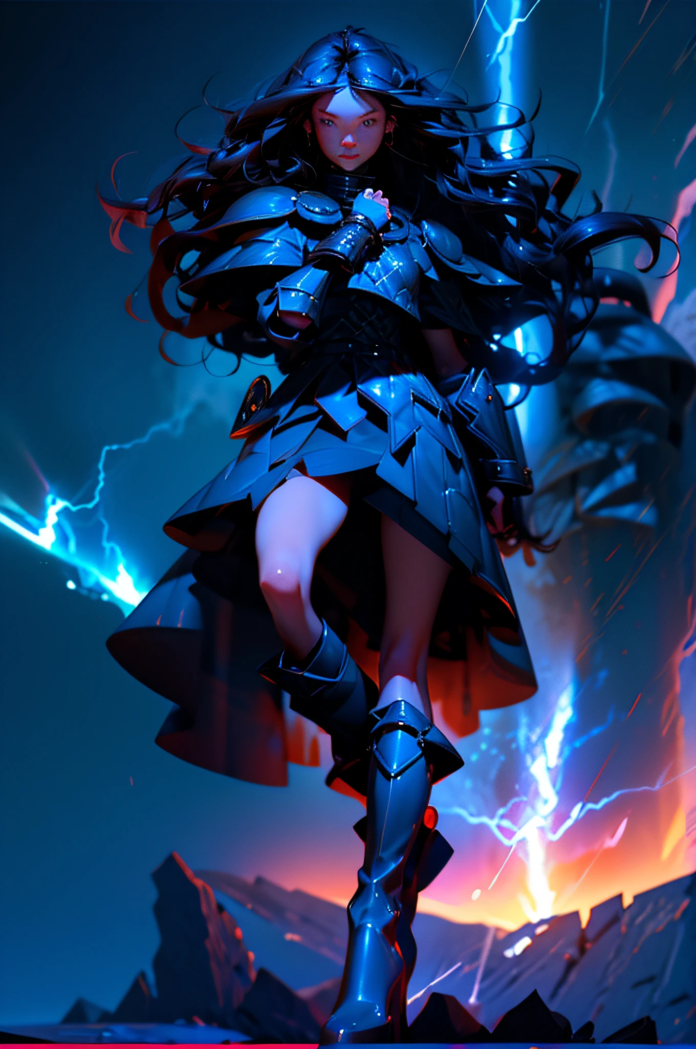 extremely detailed, very sharp, best quality, 4k full length anime woman with very long curly black hair, sharp blue eyes, a slight smile on her face, wearing blue scale mail armor, and punching with her gauntlet covered fist, lightning sparks flying where her fist impacts, a shield in her other hand, knee high boots two legs, two feet, two hands